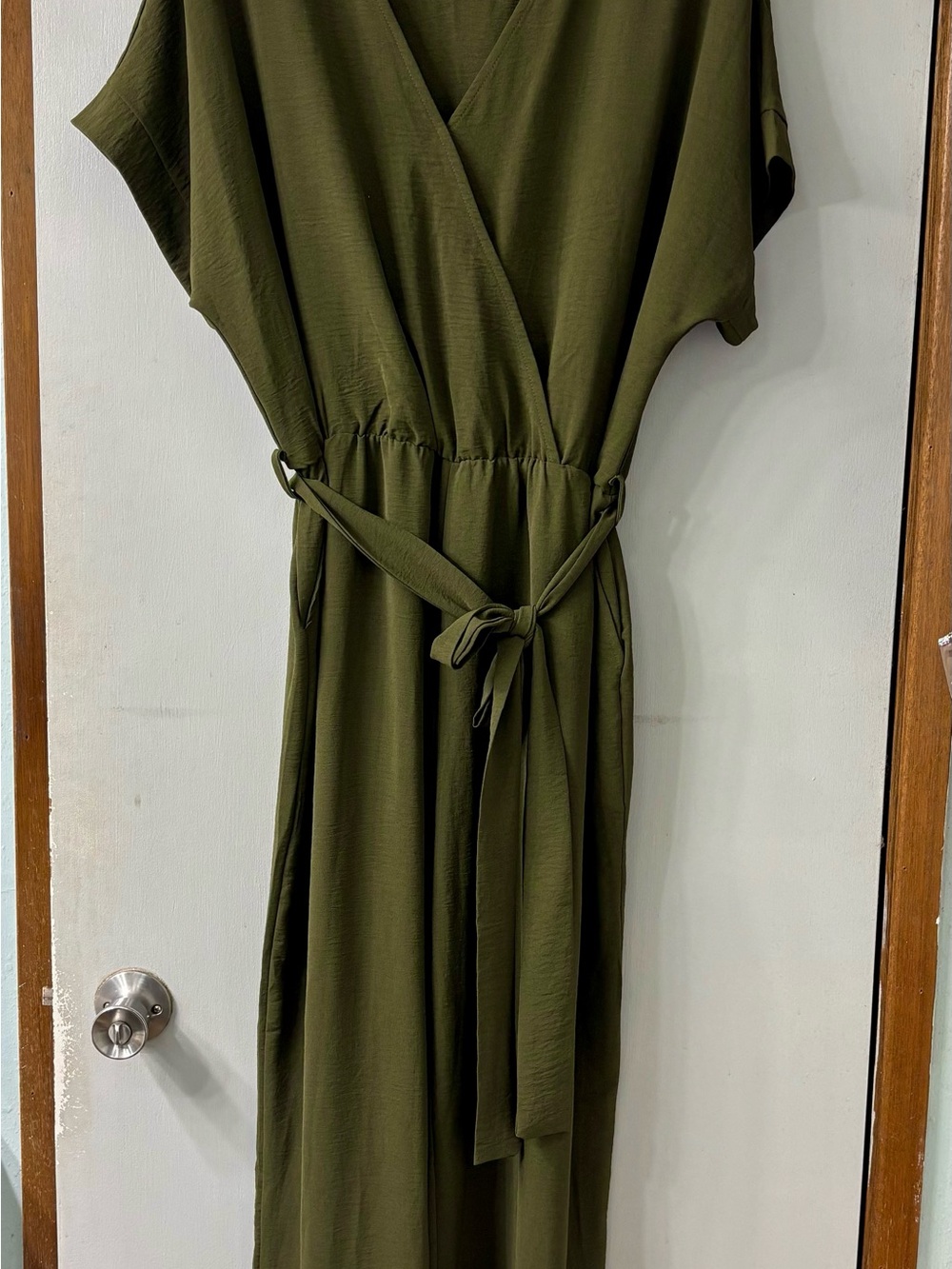 Olive Wrap Front Jumpsuit with Self-Tie Waist - Picture 3 of 5